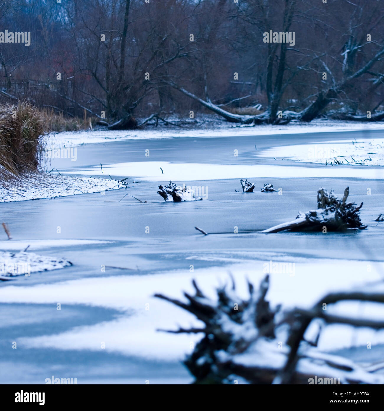 Frozen river in winter Sumy region Ukraine Stock Photo