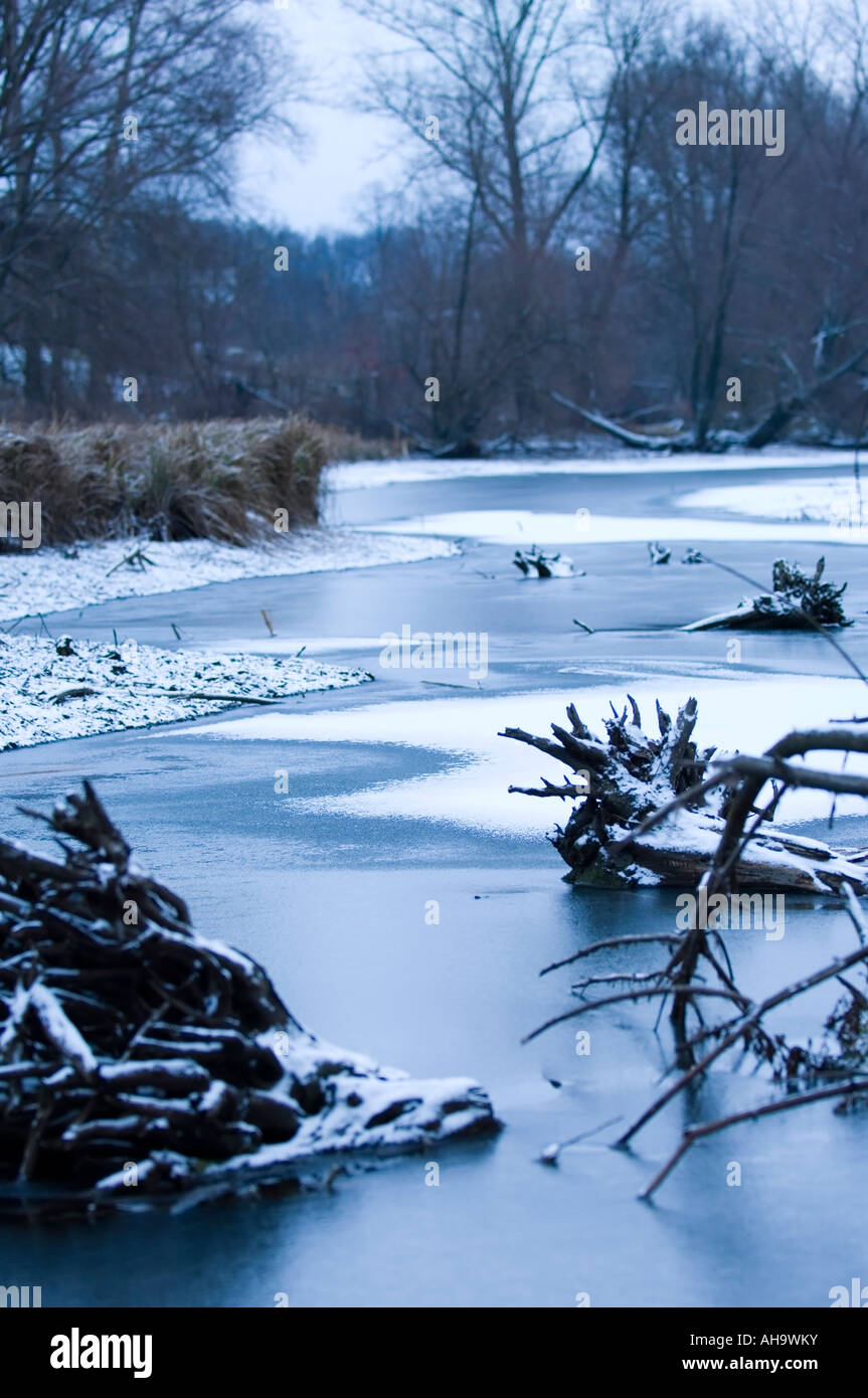 Frozen river in winter Sumy region Ukraine Stock Photo