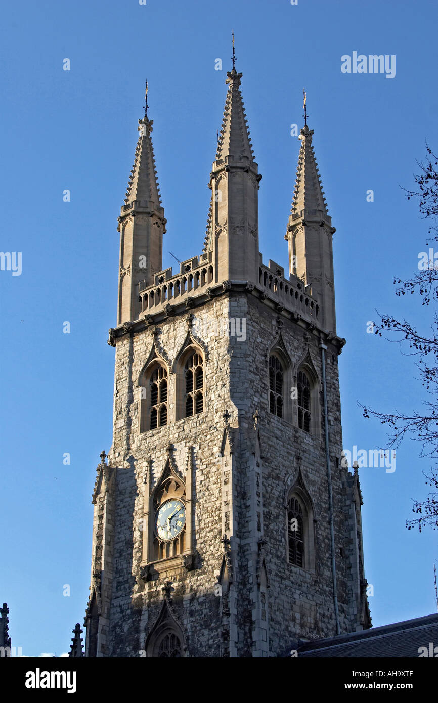 St Sepulchre without Newgate church tower with four spires and clock City of London EC4 England Stock Photo