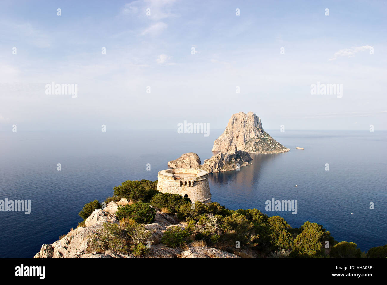 tower Torre des Savinar with islands Es Vedra and Es Vedranell Ibiza Stock Photo