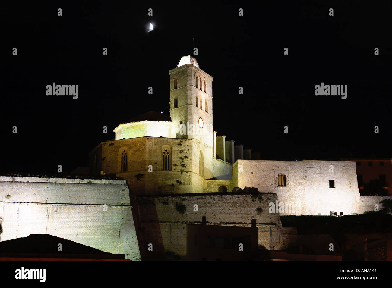 Eivissa bei Nacht Ibiza Town at night Fortress Dalt Vila and Cathedral Danta Maria Stock Photo