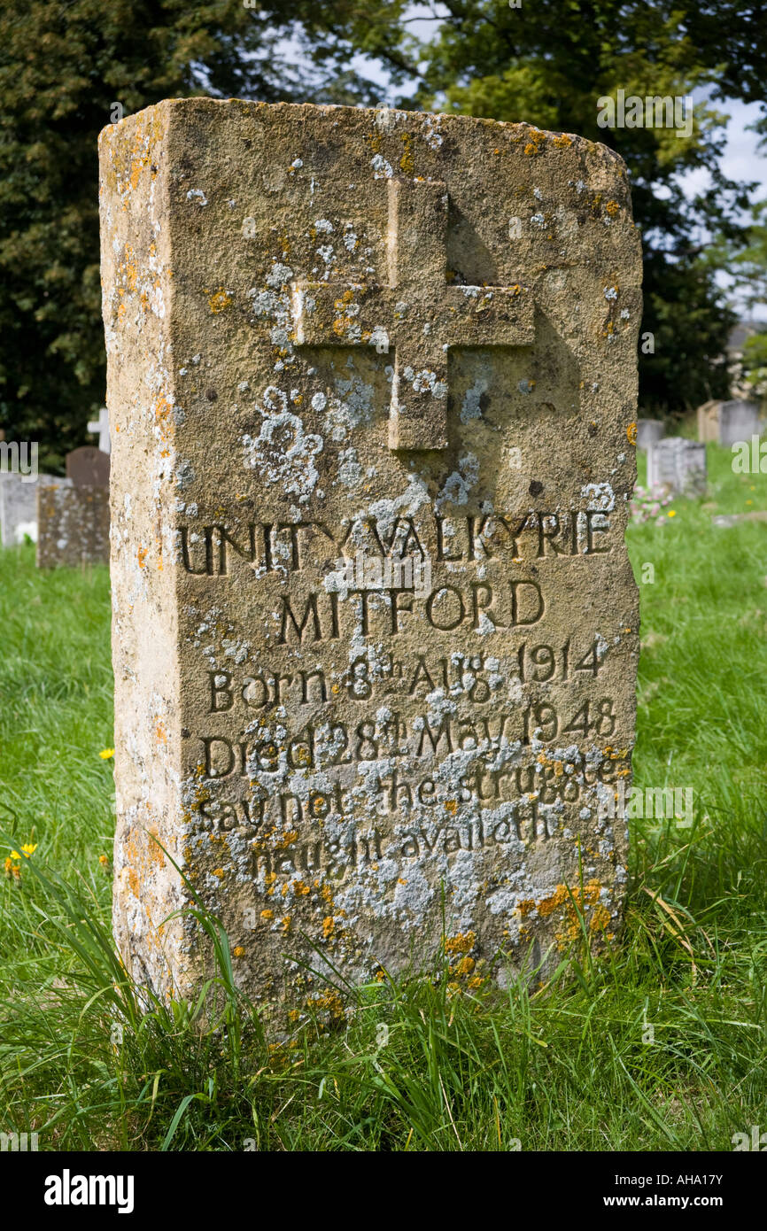 The grave of Unity Valkyrie Mitford in the churchyard of St Marys church in the Cotswold village of Swinbrook, Oxfordshire Stock Photo