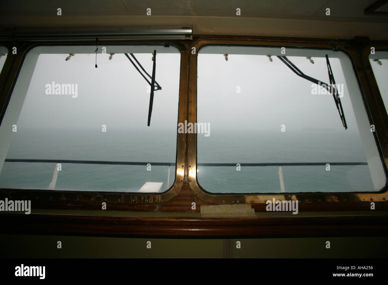 No visability through the ships bridge window of a ferry  Stock Photo