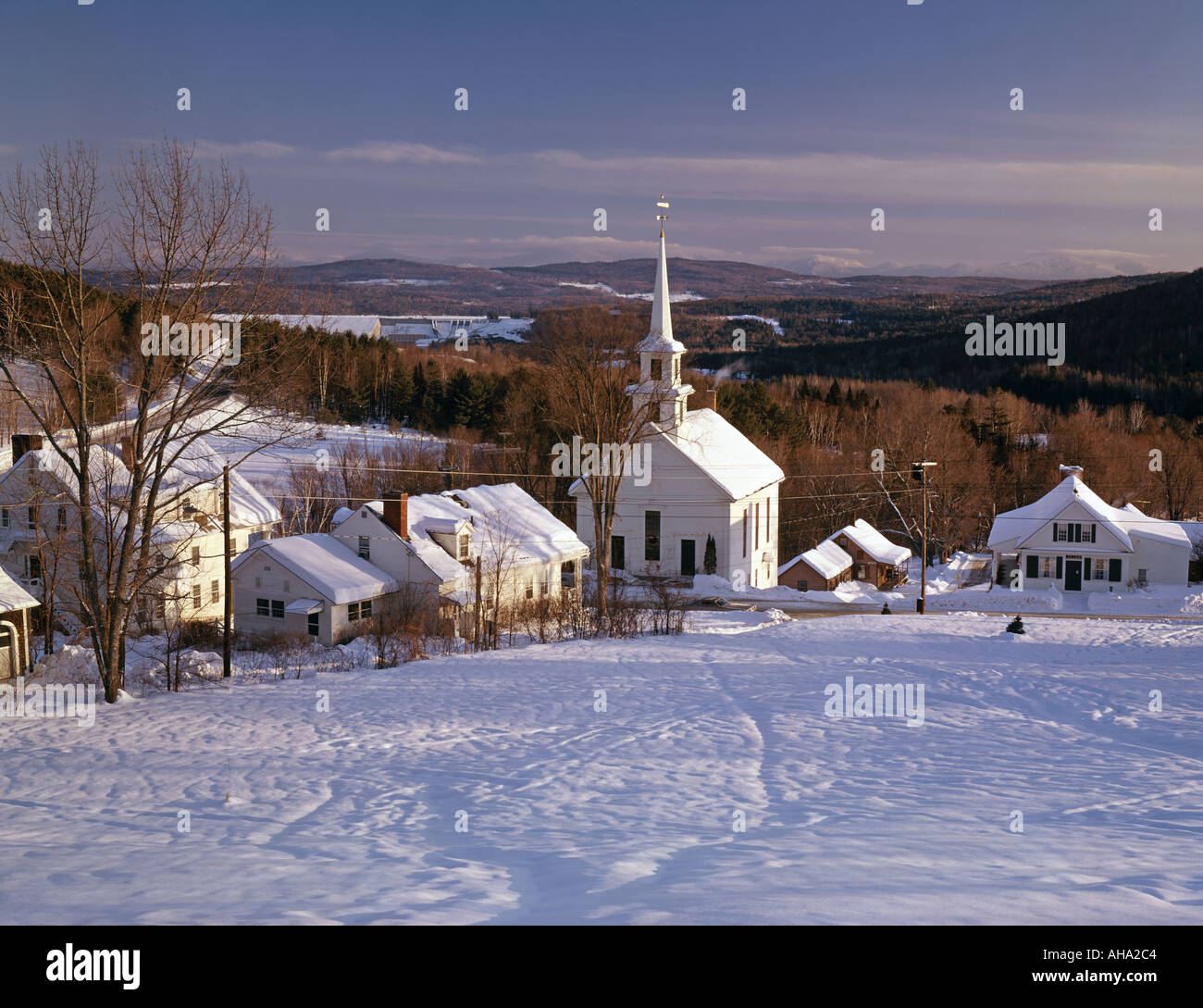 church and village of St Johnsbury Vermont USA in winter Stock Photo