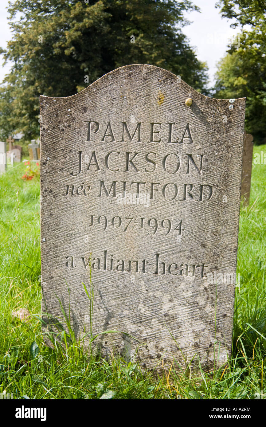 The grave of Pamela Jackson (nee Mitford) in the churchyard of St Marys church in the Cotswold village of Swinbrook, Oxfordshire Stock Photo