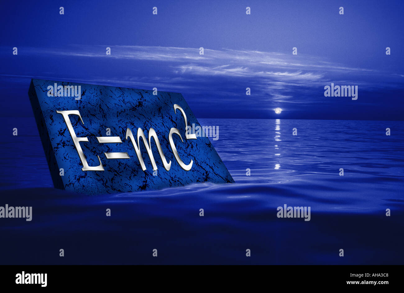 concept Albert Einstein s equation E mc2 carved into stone in the sea with moonrise behind Stock Photo