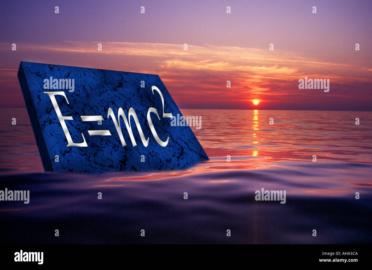 concept Albert Einstein s equation E mc2 carved into stone in the sea with sunrise behind it Stock Photo