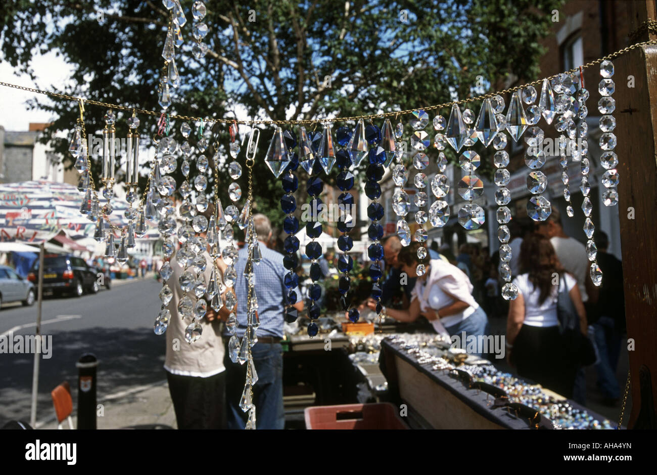 Bridport Saturday bric-a-brac market stall Dorset England UK showing crystals from old chandeliers Stock Photo