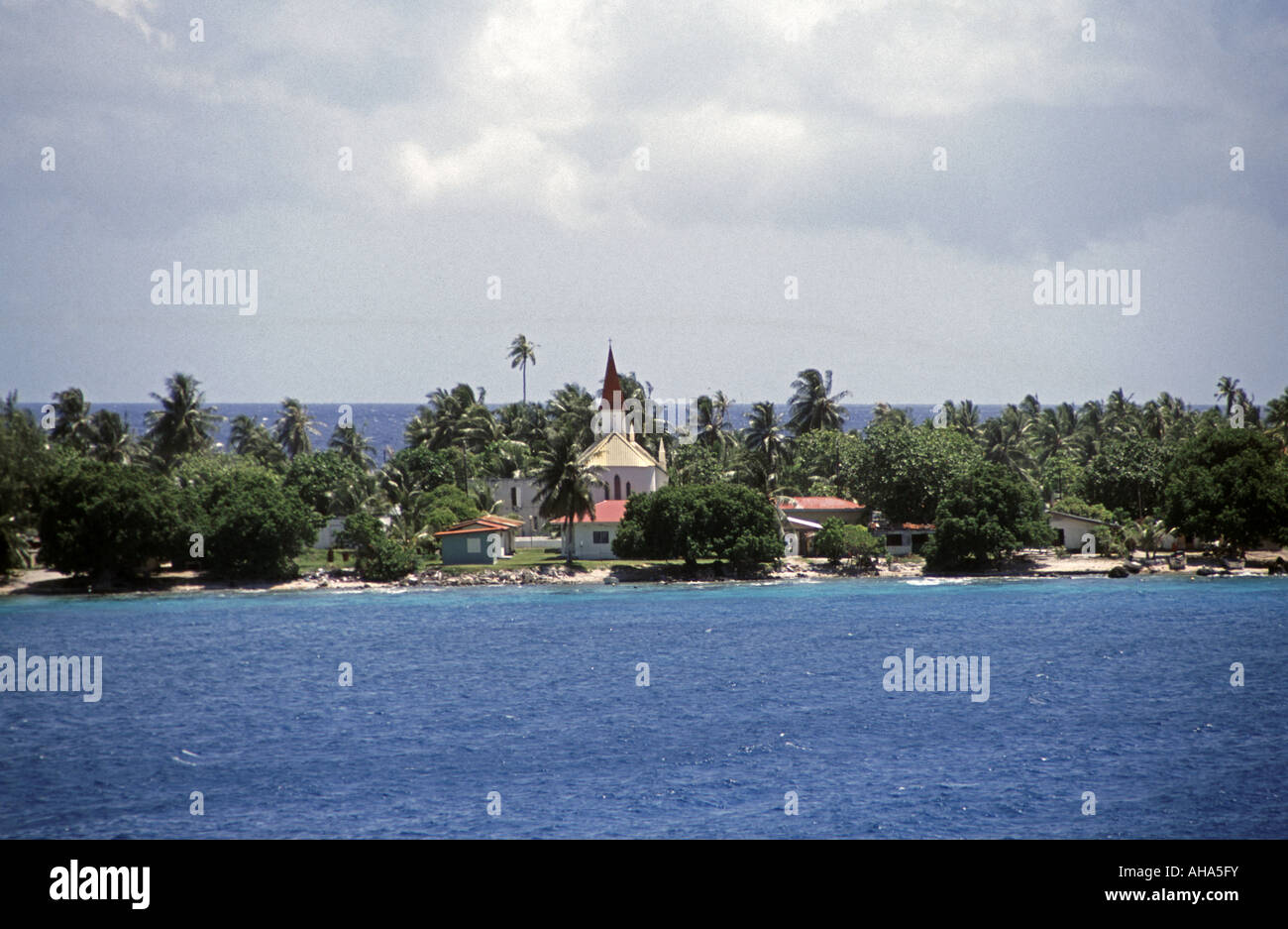 Avatoru Church and shoreline Rangiroa lagoon South Pacific Ocean Tuamotu islands and atolls Stock Photo