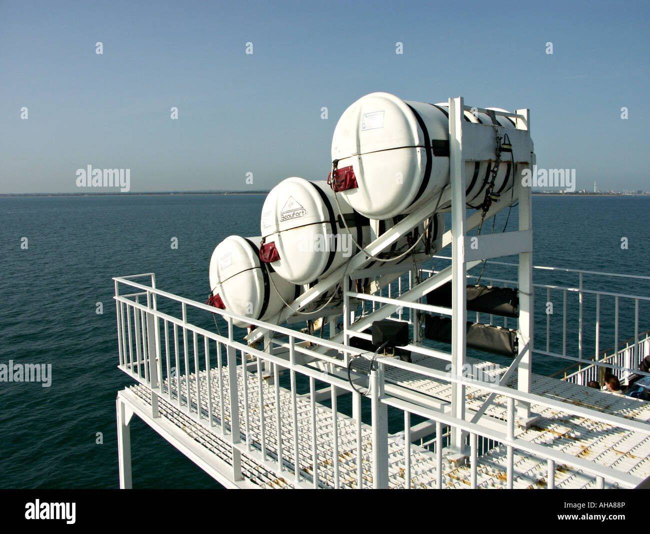 Automatic (selfinflating) life rafts on a passenger ferry, UK Stock
