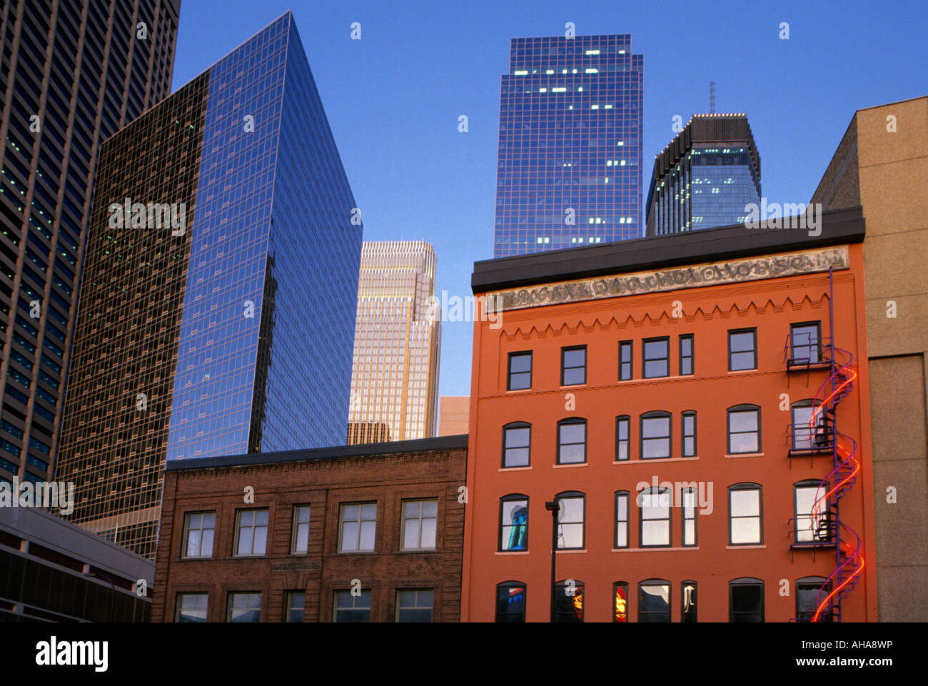 PARTIAL VIEW OF MINNEAPOLIS, MINNESOTA SKYLINE FROM HENNEPIN AVENUE.  U.S.A. Stock Photo