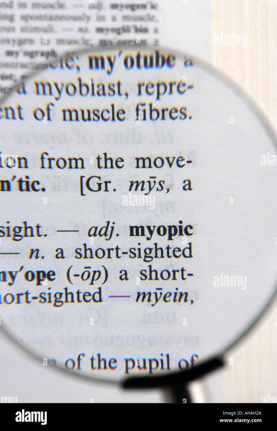 Dictionary definition myopic viewed through hires stock photography