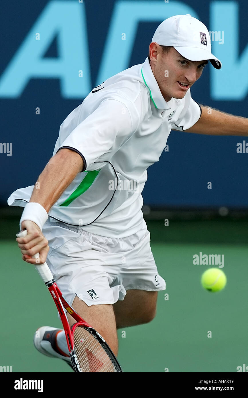 Professional ATP tennis player Sam Warburg hits a return Stock Photo