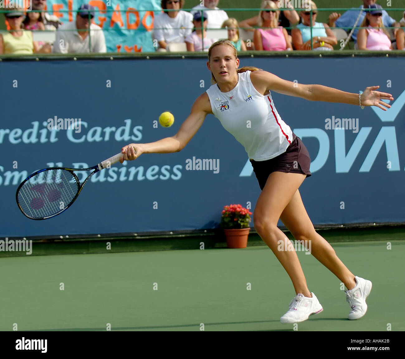 WTA professional tennis player Nicole Vaidisova hits a return to her opponent in WTT tennis Stock Photo
