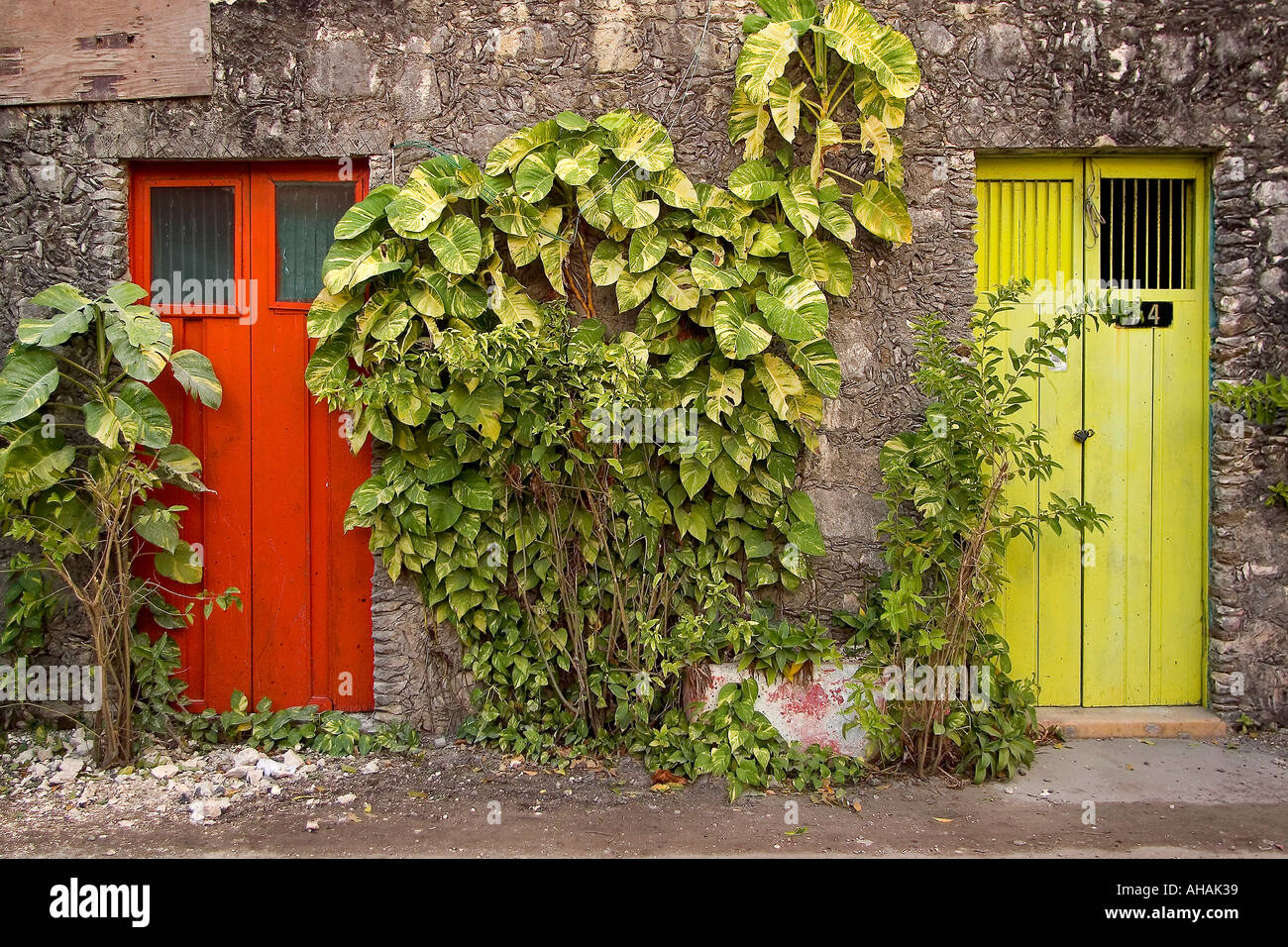 Colorful doors decorate a Caribbean home Stock Photo