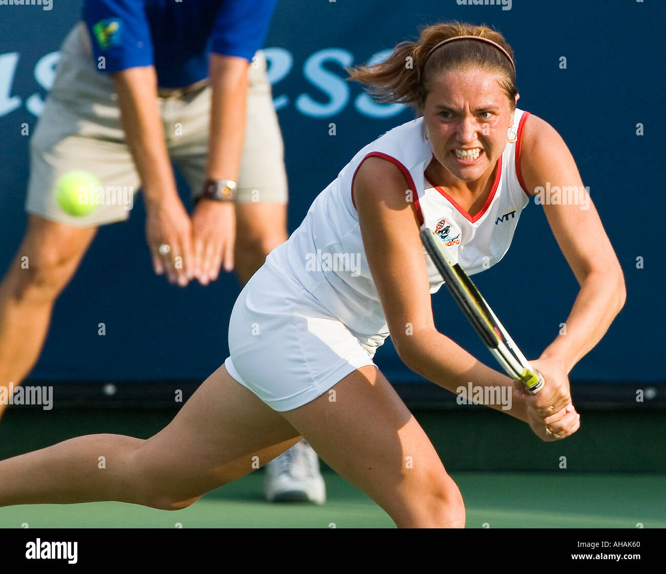 World Team Tennis Rookie of The Year Katerina Bondarenko hits a return vs Sacramento in Newport Beach for the Breakers Stock Photo