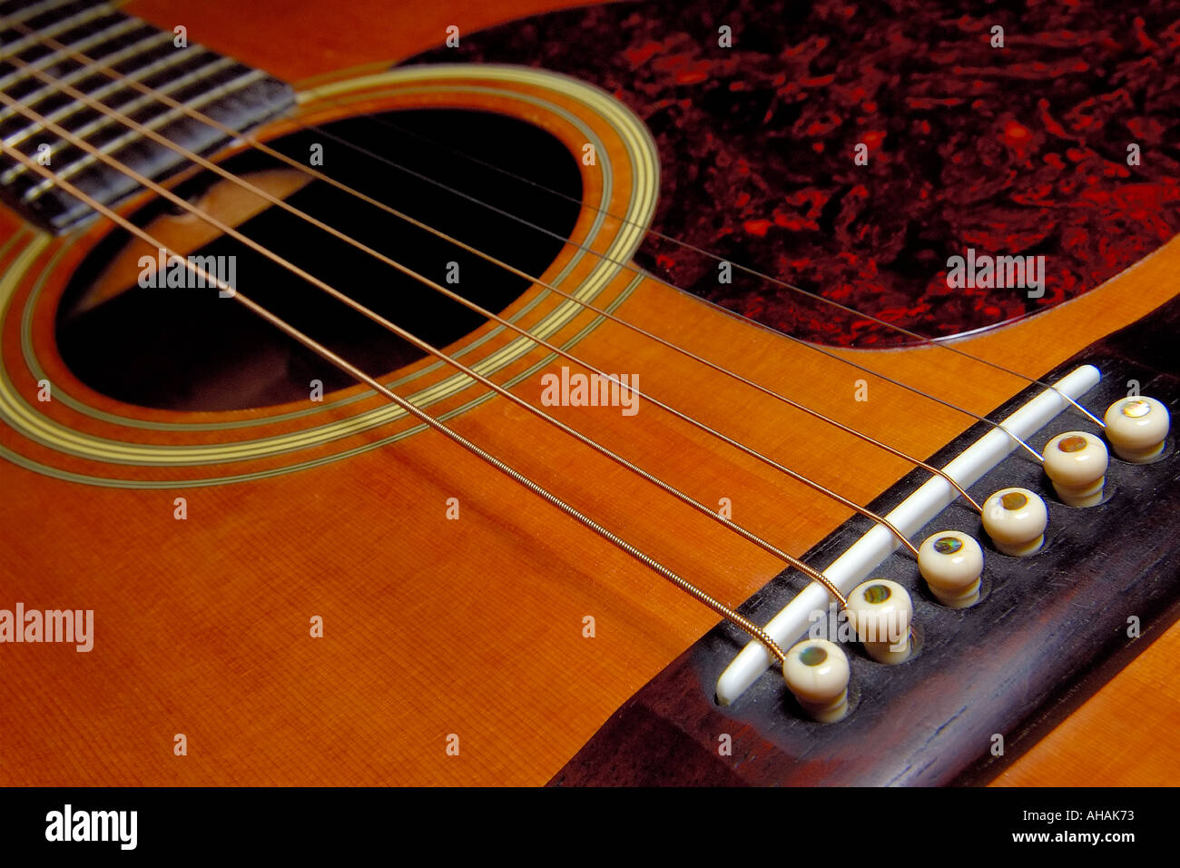 A closeup of the quality workmanship on a vintage acoustic guitar Stock Photo