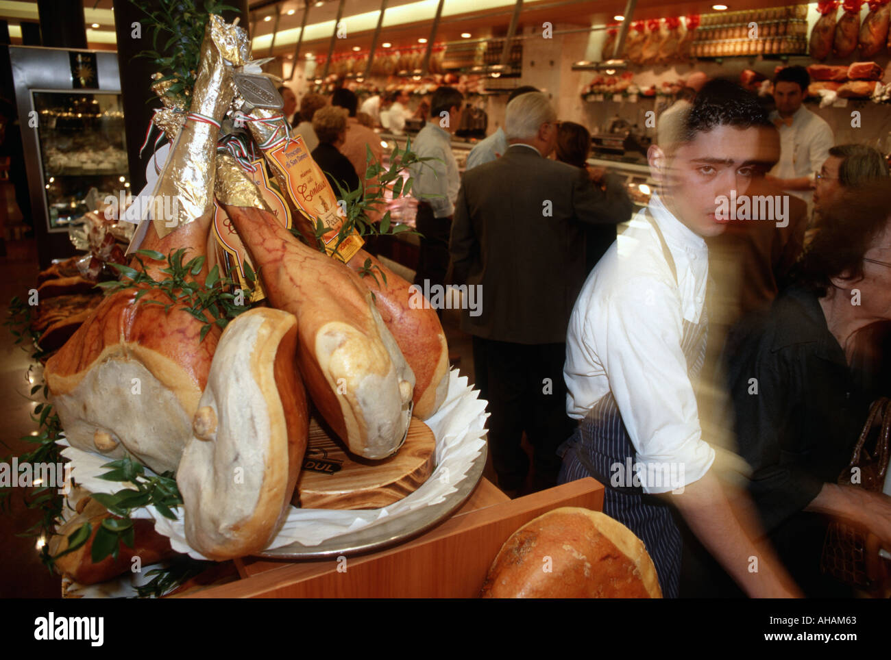 Milan Italy Prosciutto on display at the famous Peck foodstore Stock Photo