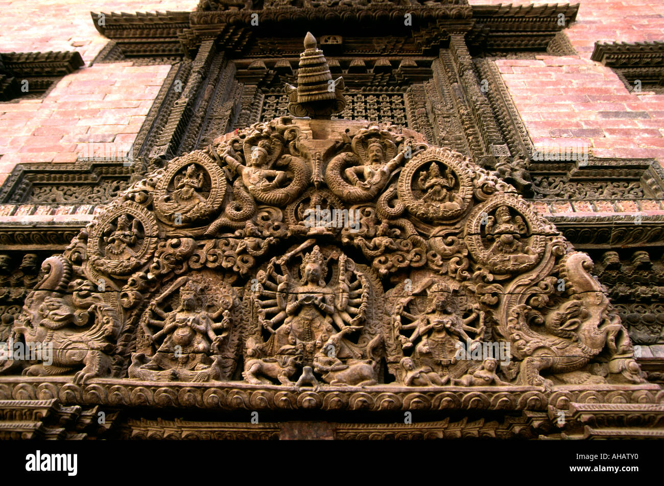 Nepal Kathmandu Durbar Square Kumari Bahal home of living goddess torana over entrance Stock Photo