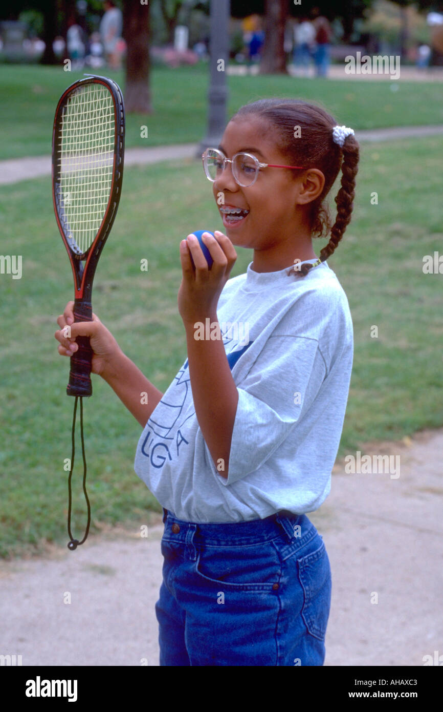 Black tennis player at Selby Day Parade age 11. St Paul Minnesota USA Stock Photo