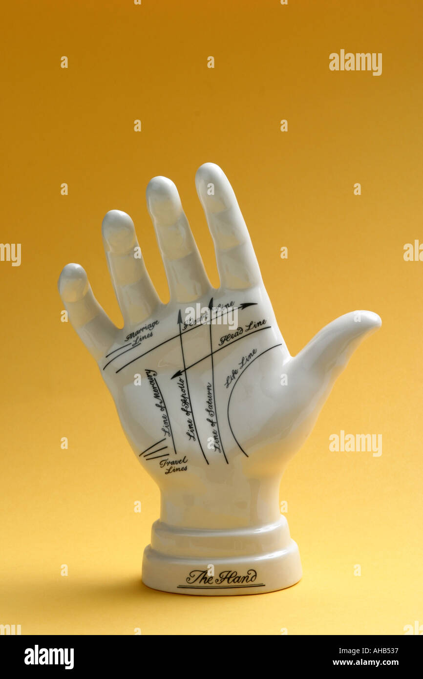 Model of a hand showing the lines that predicts our future on a yellow ...