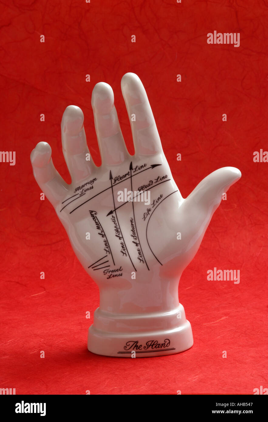 Model of a hand showing the lines that predicts our future on a red background Stock Photo