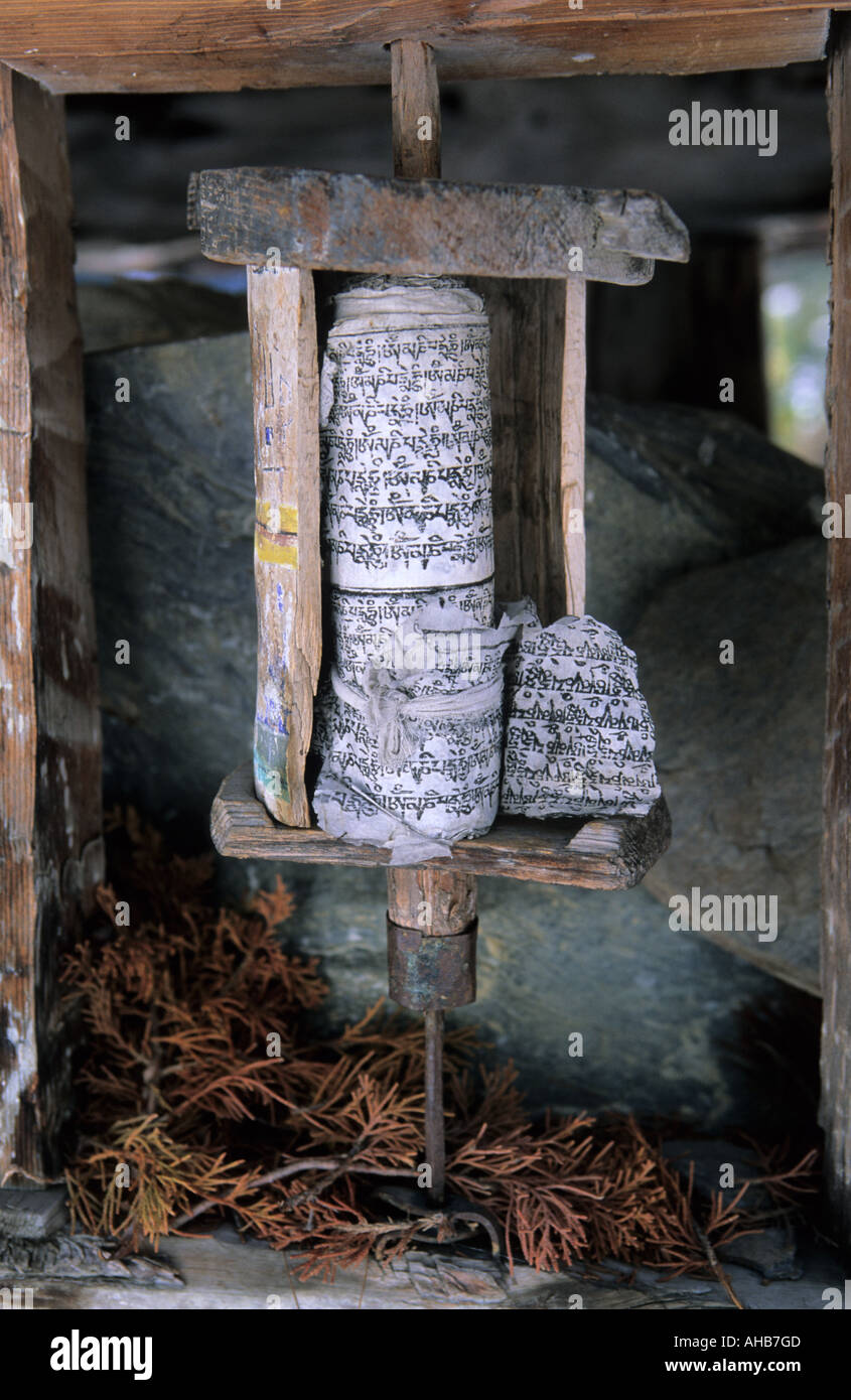 Old buddhist prayer wheel in Pisang surroundings Annapurna Conservation area Nepal Stock Photo