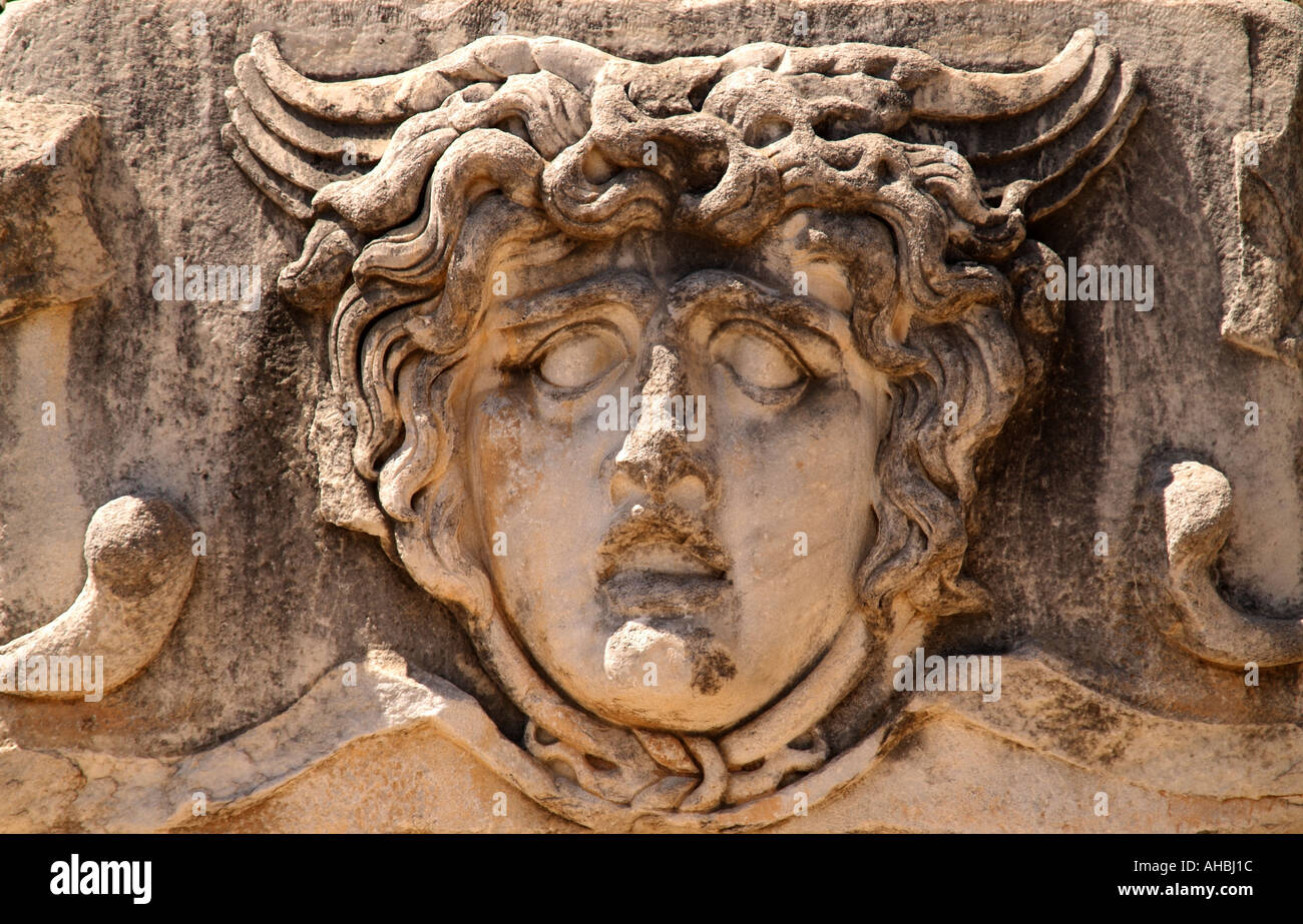 Head of  Medusa Caput medusae Temple of Apollo ancient greek Didyma Turkey Stock Photo