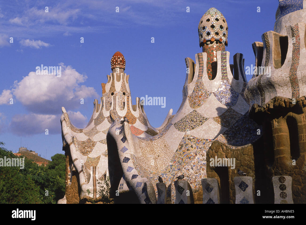 Mosaic towers by Gaudi at Park Guell in Barcelona Stock Photo
