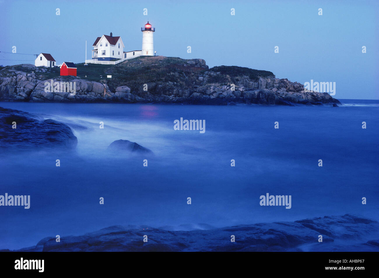 Cape Neddick Lighthouse at York Maine at night Stock Photo