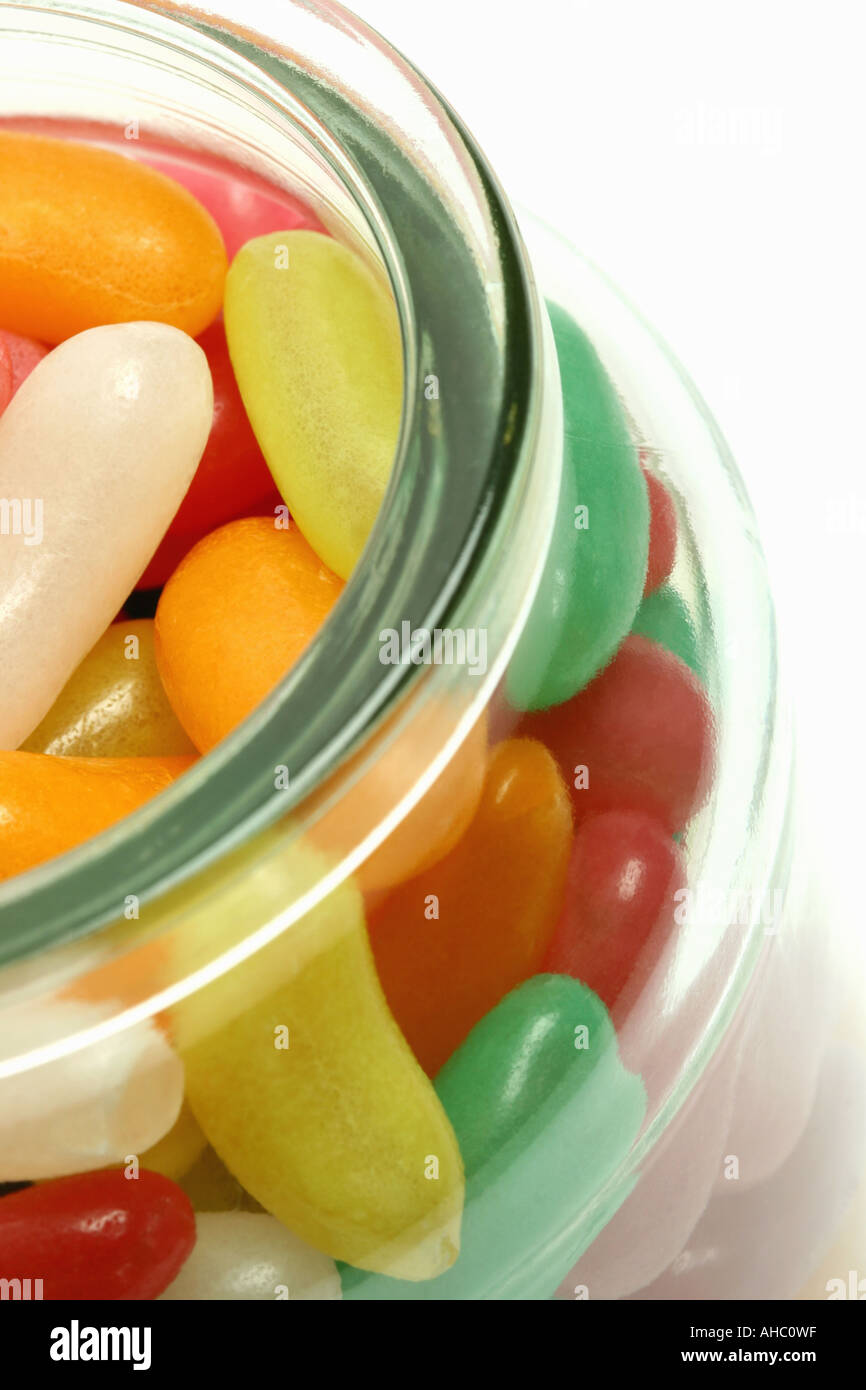 Multi Coloured Jelly Beans in a glass jar Stock Photo