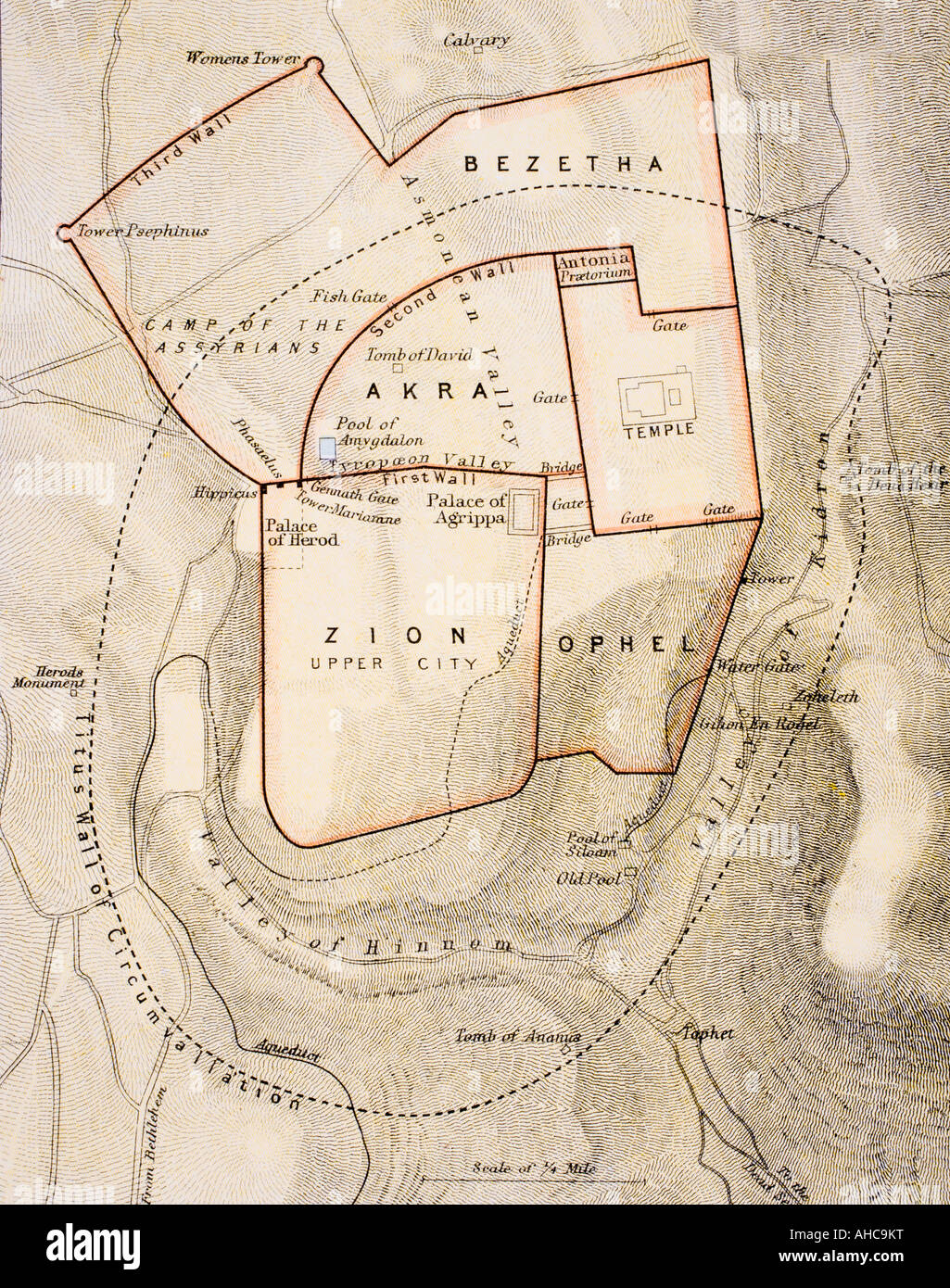 City map of ancient Jerusalem.  From The Citizen's Atlas of the World, published circa 1899. Stock Photo