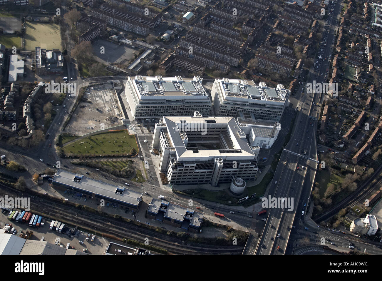 High level oblique aerial view west of BBC White City Stock Photo Alamy