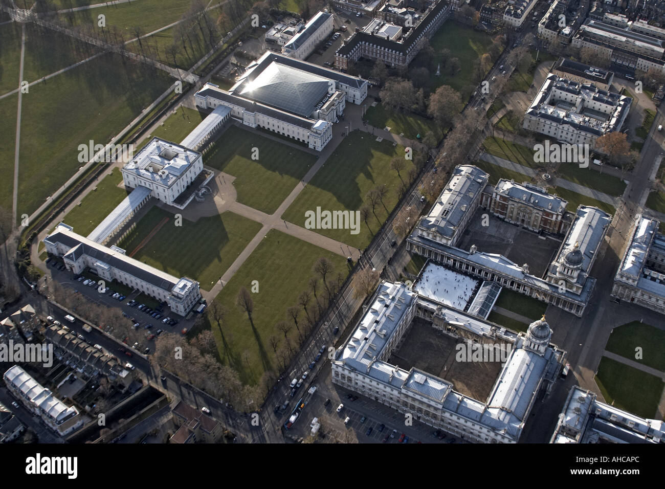 High level oblique aerial view west of Old Royal Naval College University National Maritime Museum Stock Photo