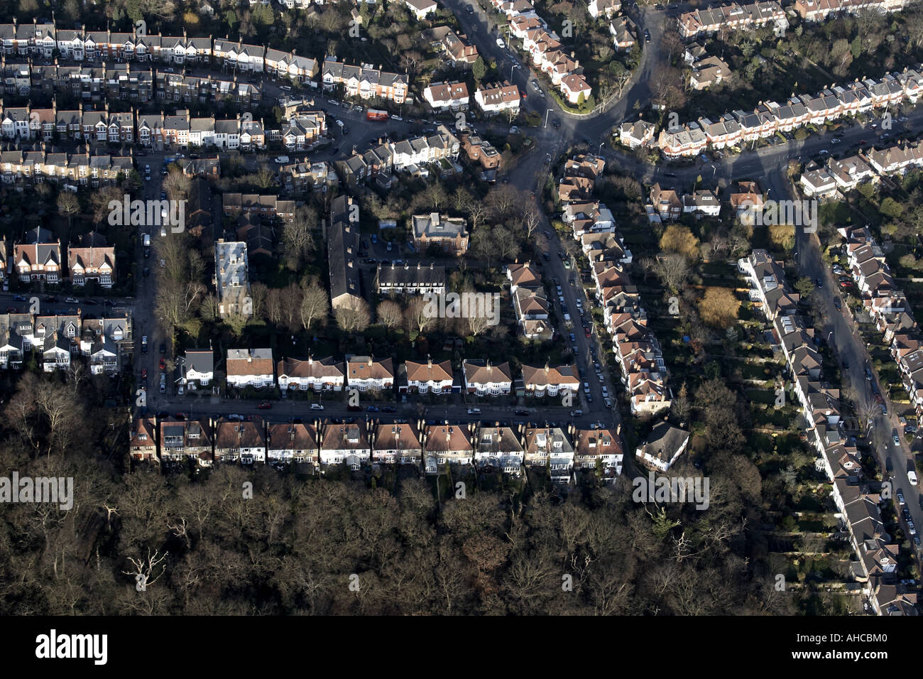 High level oblique aerial view north of Connaught Gardens suburbs roads