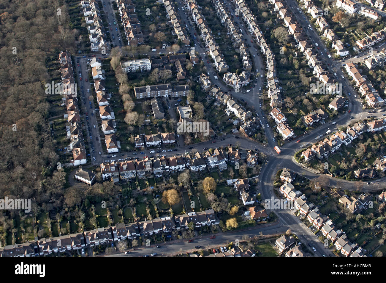 High level oblique aerial view west of Connaught Gardens suburbs roads