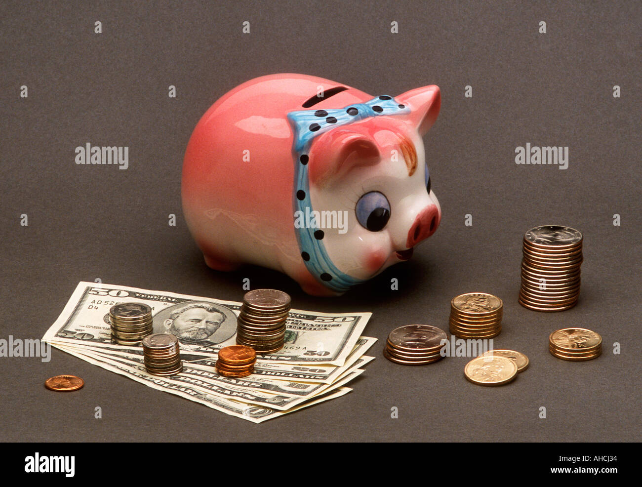 American Currency Coins Piggy Bank Stock Photo