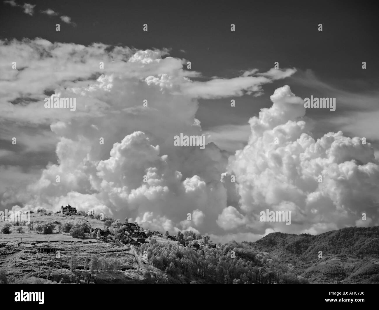 Black and white infrared landscape of Chobar temple in the Kathmandu valley Nepal Stock Photo