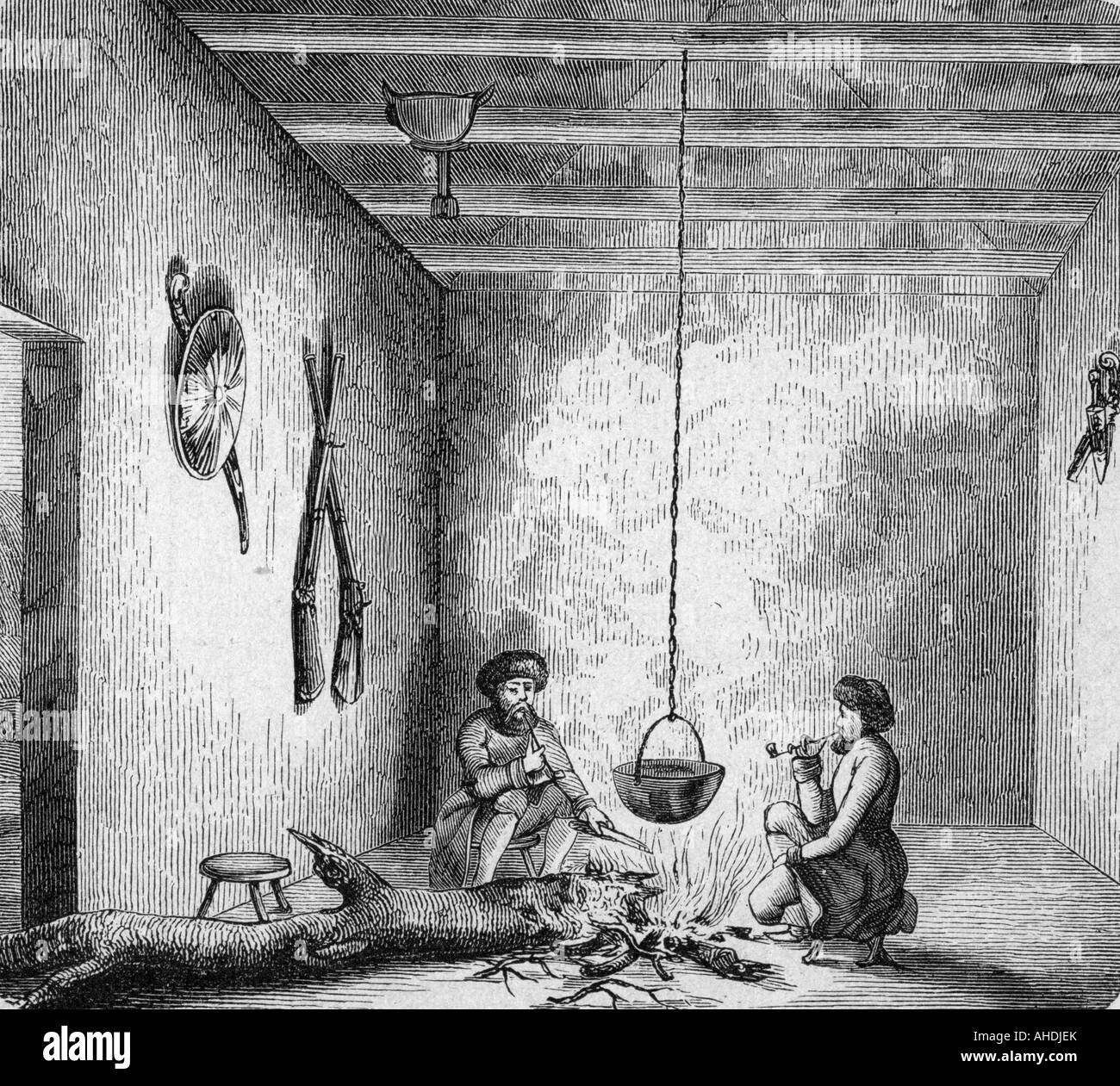 geografie/travel, Russia, people, Adyge in their home, engraving, 19th century, Cherkes, cooking, fire, pot, Caucasus, Caucasians, historic, historical, Stock Photo