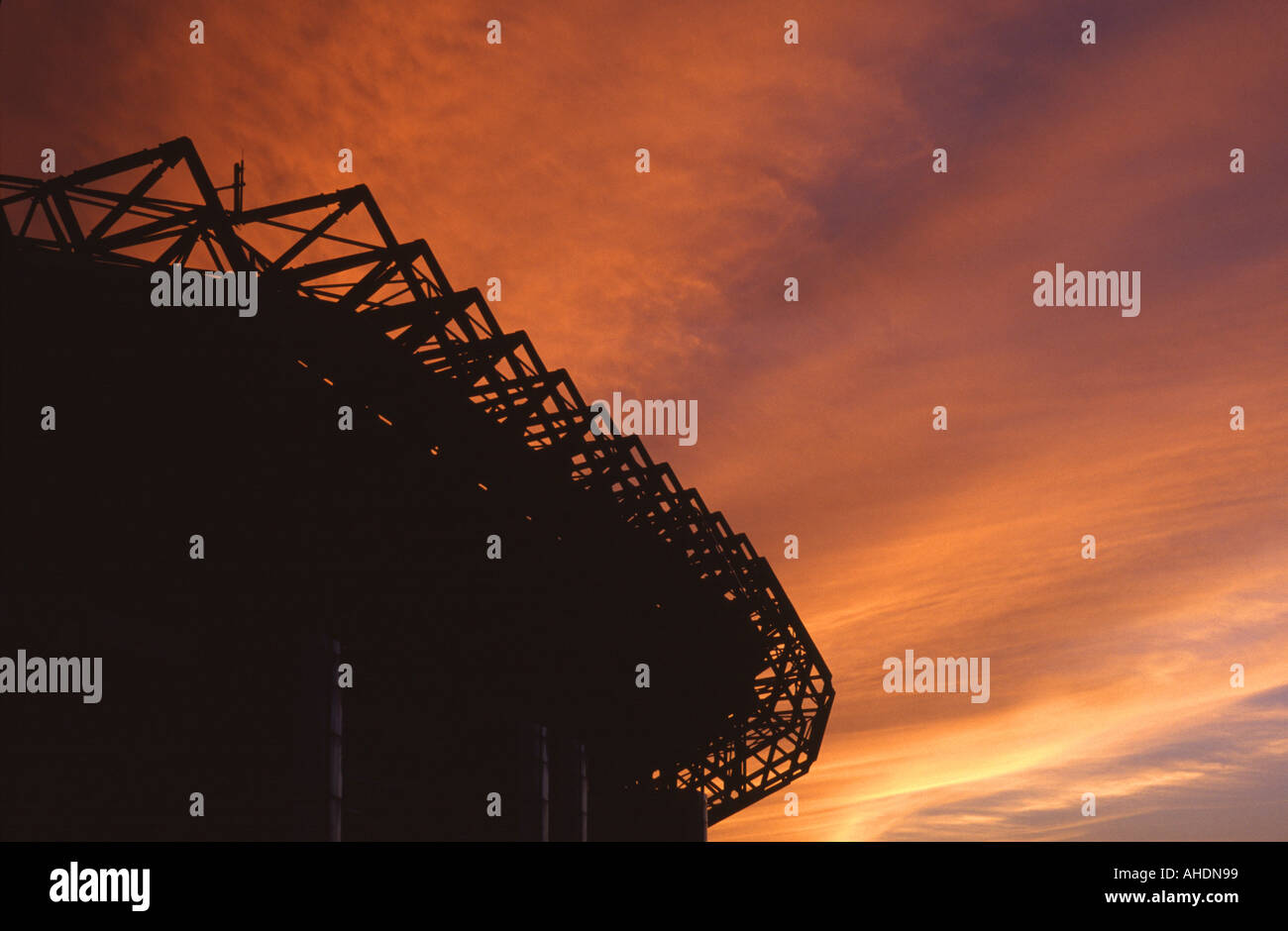 Sunset over the north stand of Murrayfield Stadium, Roseburn Park, Edinburgh, Scotland, UK Stock Photo