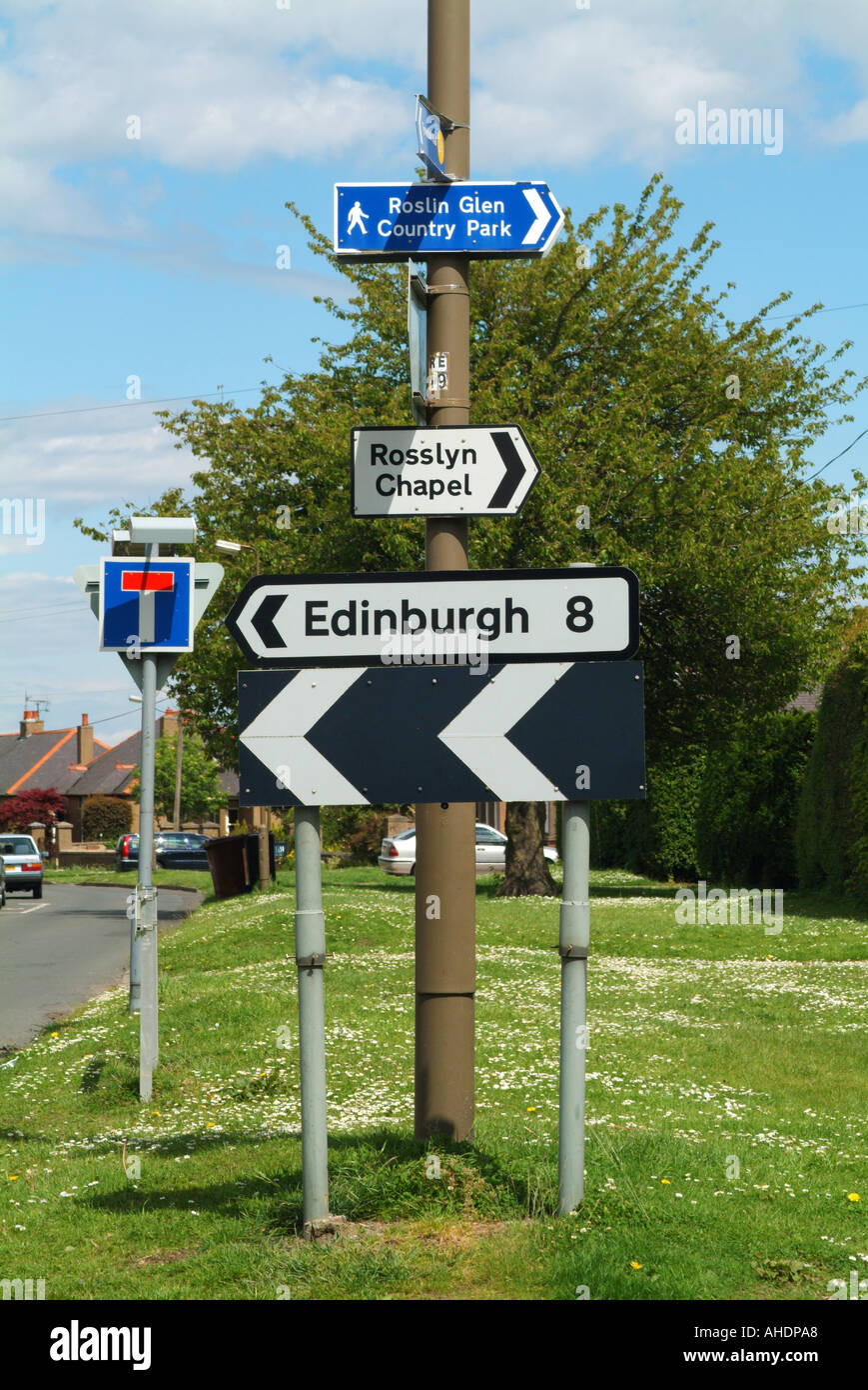 Sign to Rosslyn Chapel in the village of Roslin, Midlothian, Scotland, UK. Stock Photo