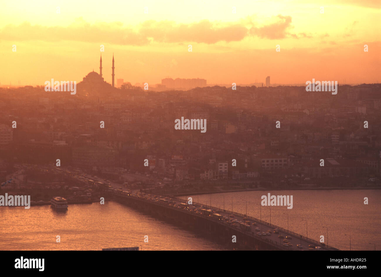 ISTANBUL Evening view across the Golden Horn and Ataturk Bridge towards Old Istanbul as seen from the Galata Tower. 2004. Stock Photo