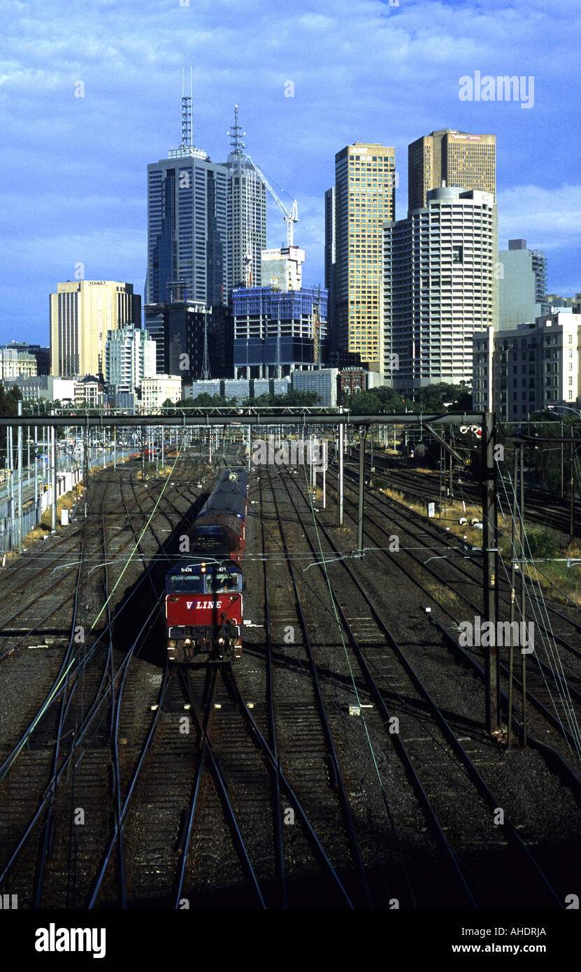 V Line diesel hauled passenger train with city centre behind, Melbourne ...