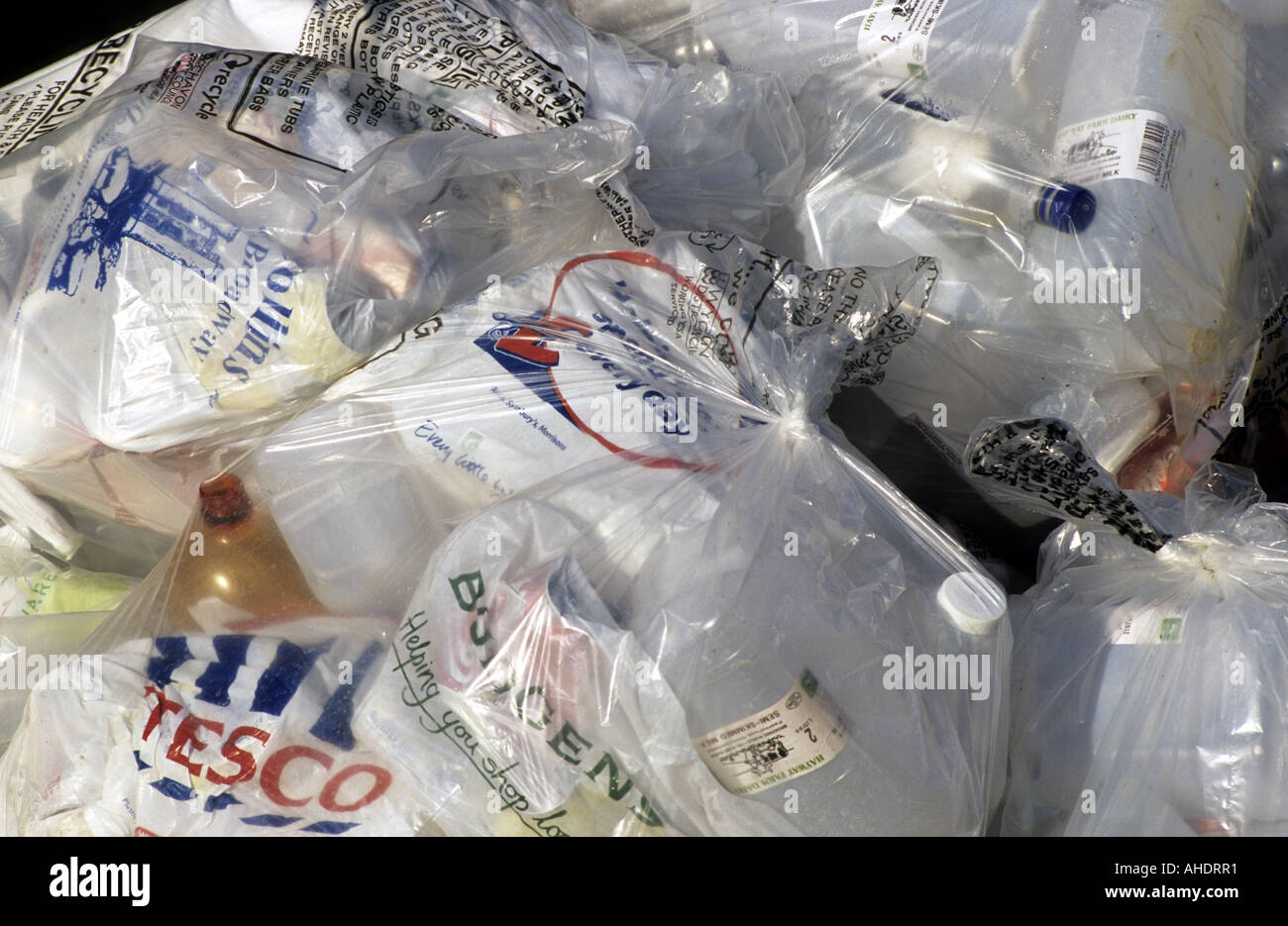 Plastic bottles in bags for recycling collection, Worcestershire