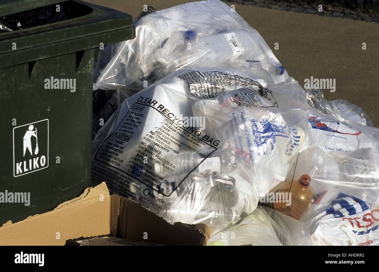 Plastic bottles in bags for recycling collection, Worcestershire