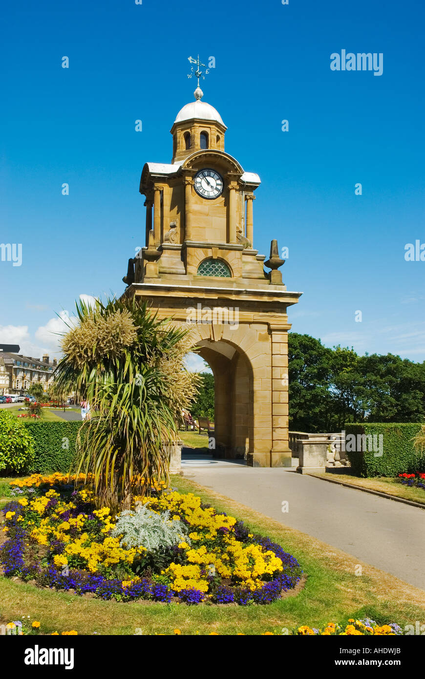 Gardens and Holbeck clock tower Scarborough North Yorkshire England Stock Photo