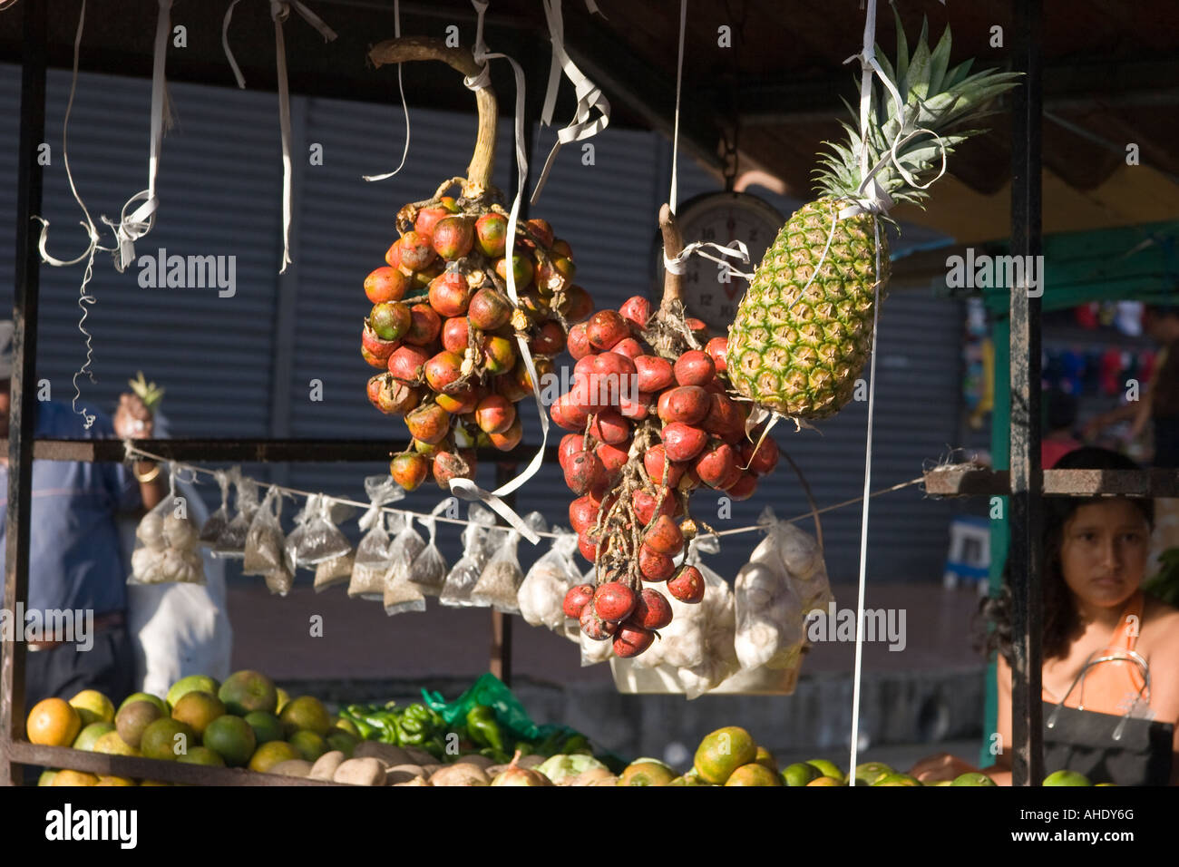 Pixbaes, pineapples and other fruit for sale at El Mosquero, Santiago, Veraguas, Republic of Panama Stock Photo