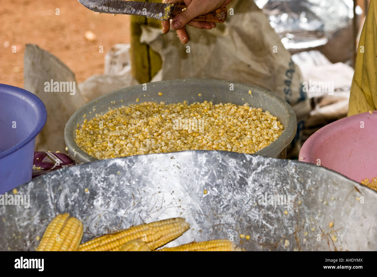 Corn grains and cobs at El Ciruelo creole food place. La Villa, Los Santos, Azuero, Republic of Panama, Central America Stock Photo