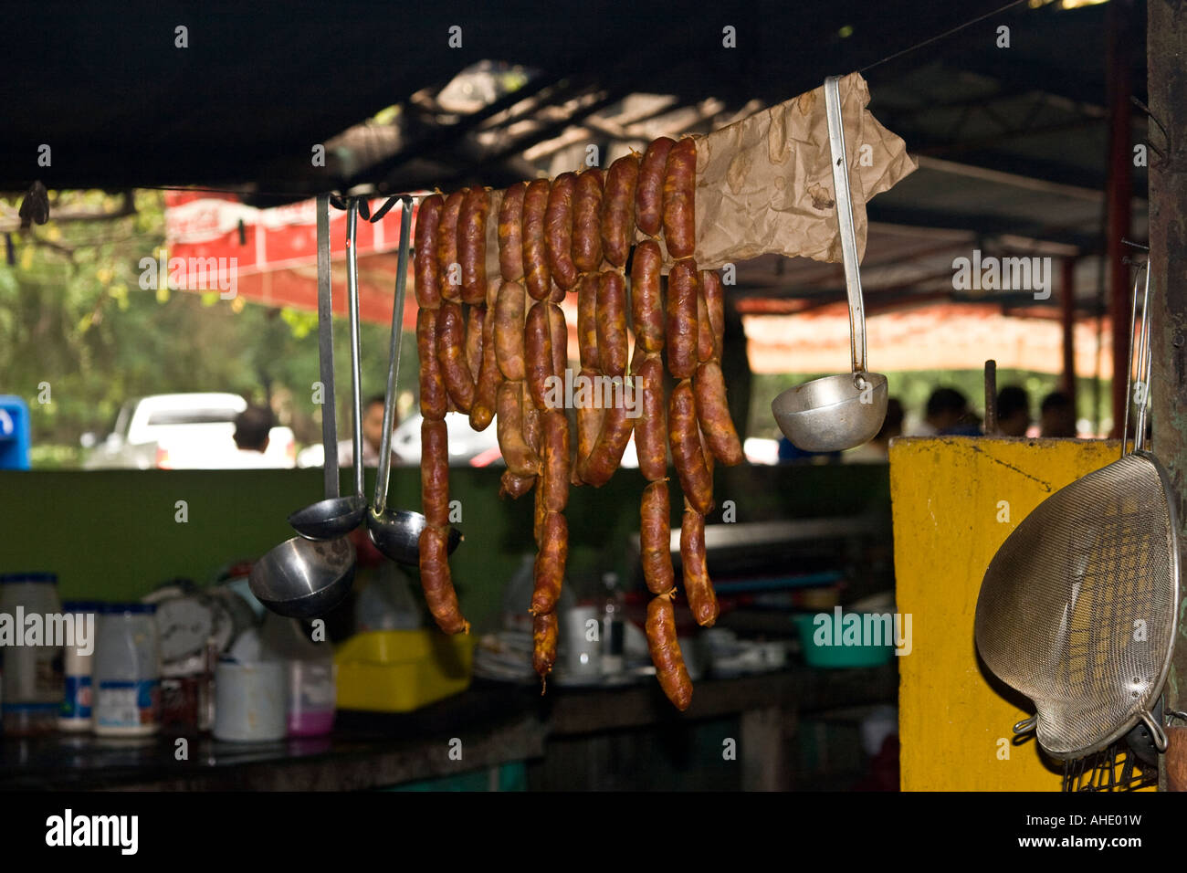 Pork sausages hung at El Ciruelo, creole food place. La Villa, Los Santos, Azuero, Republic of Panama, Central America Stock Photo