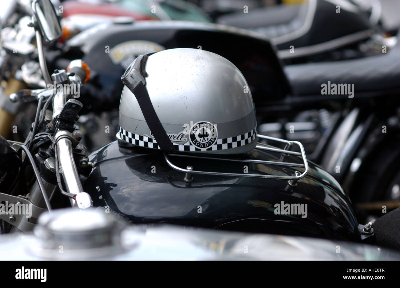 An old fashioned crash helmet at the Ace Cafe reunion motorcycle event in Brighton UK September 2007 Stock Photo